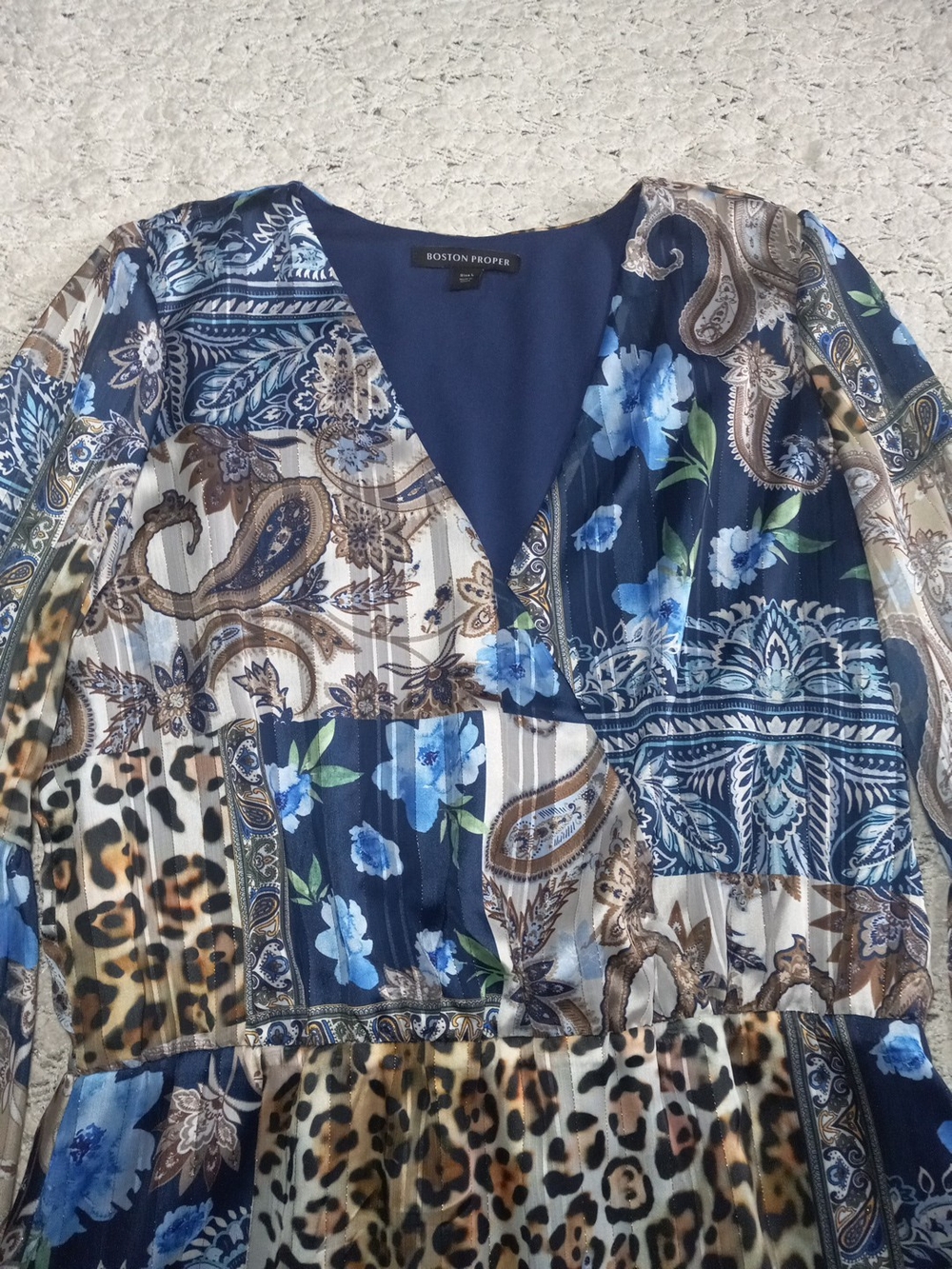 Boston Proper Wild Patchwork Print Flare Sleeve Peasant V-Neck  Dress Size L - Picture 5 of 9